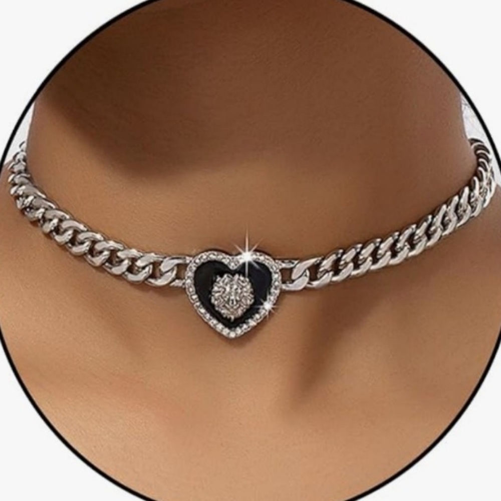 Silver BLING Heart Chain Choker Necklace with Black Enamel Accent